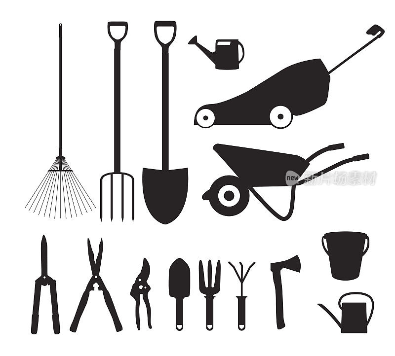 花园工具，工具平面图标收集集。铲,巴克