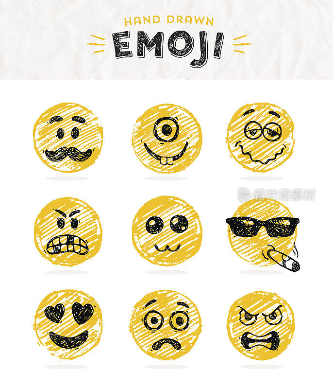 手绘表情包。Emoji集。微笑的图标。