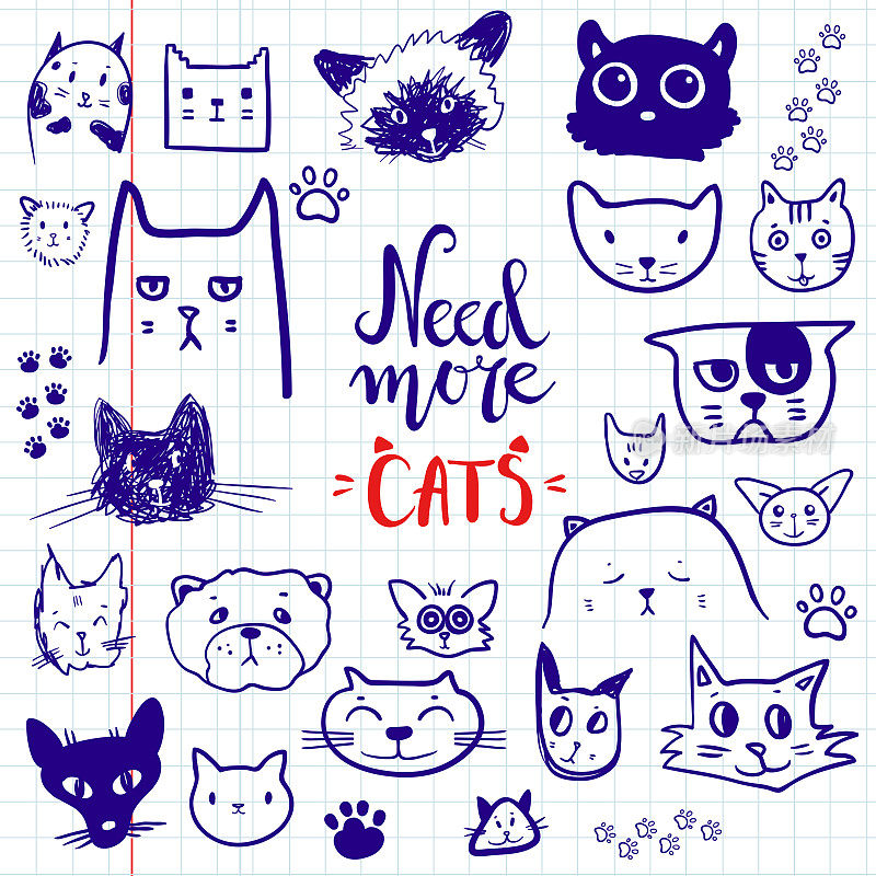 有趣的涂鸦猫图标收集。手绘宠物，手绘小孩