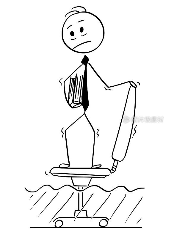 商人站在办公椅上躲避上涨的水位的漫画