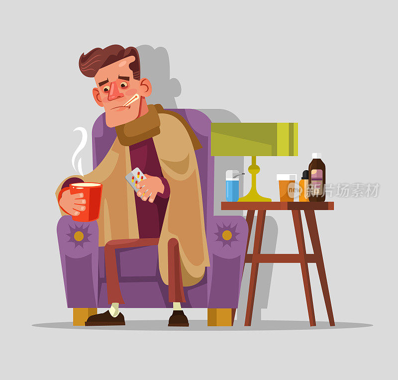 伤心不高兴感觉不好生病的男人性格与流感和感冒发烧吃药和喝茶。季节性疾病感染概念