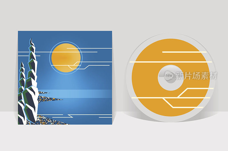 CD封面设计模板。夜晚沿海城市插图。月亮照耀着海岸和柏树