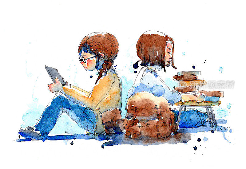 水彩画插画集的女孩与电子阅读器和她的朋友与书籍堆，传统艺术品扫描
