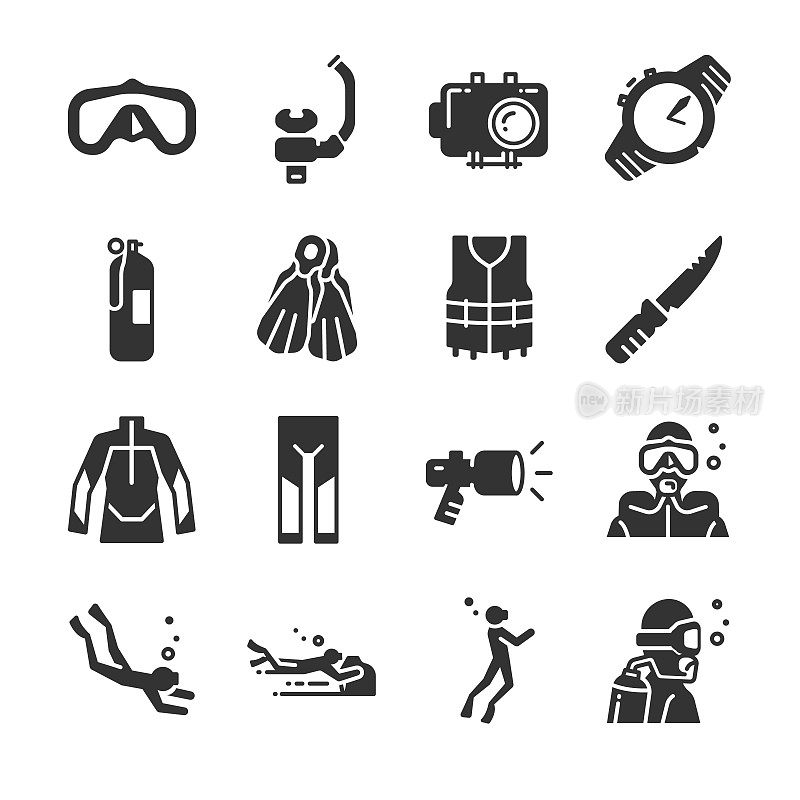 水肺潜水图标集。包括图标为水下，水肺潜水员，面罩，鳍，调节器，潜水服和更多。