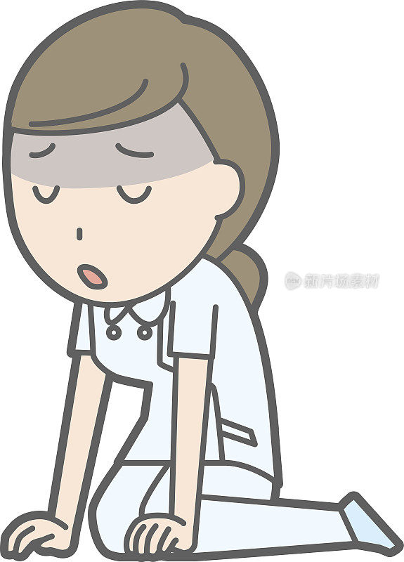 插图中一个穿着白色套装的护士正在叹气和沮丧