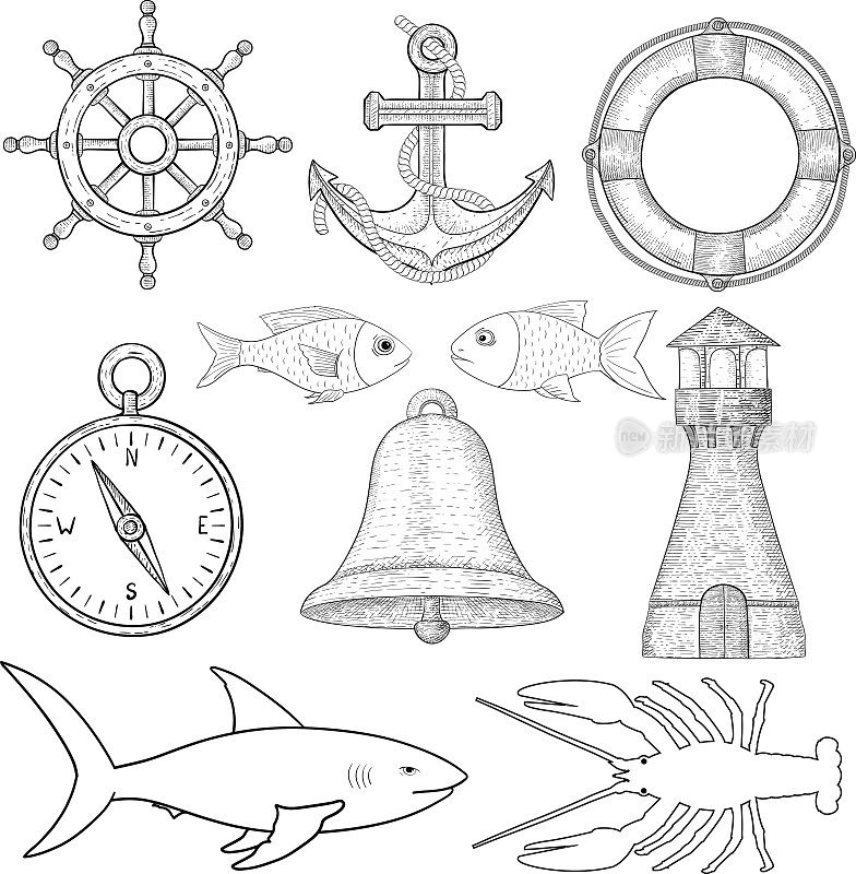 航海符号。手绘草图