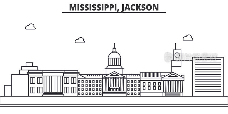 密西西比，杰克逊建筑线天际线插图。线性向量的城市景观与著名的地标，城市景观，设计图标。风景与可编辑的笔触