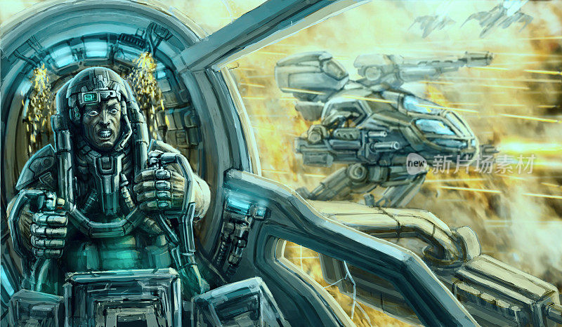 穿着宇航服的飞行员在一辆战争车辆的驾驶舱内。科幻小说插图。