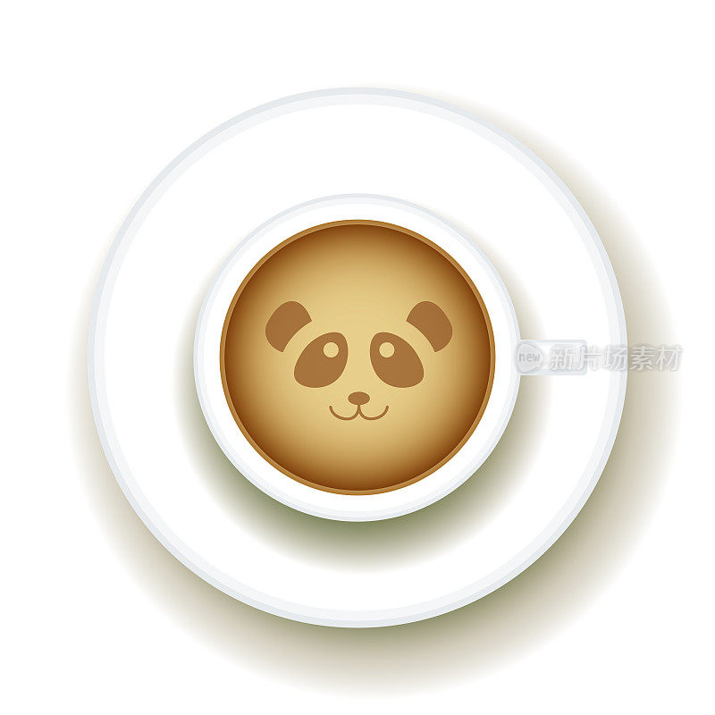 熊猫咖啡拿铁艺术动物，顶视图形状的泡沫艺术卡布奇诺杯与碟在白色的桌子背景。拿铁艺术画咖啡杯与可爱的熊猫脸。向量