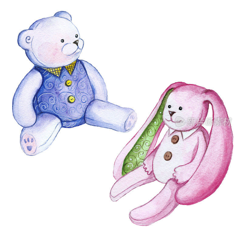 水彩画一套毛绒玩具，泰迪熊和兔子，粉红色的图案兔子和淡紫色的玩具熊在服装动画风格，儿童绘画装饰和设计
