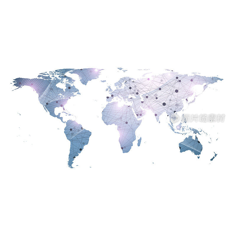 矢量模板世界地图与全球技术网络的概念。全球网络连接。数字数据可视化。行神经丛。大数据后台通信。视角的背景