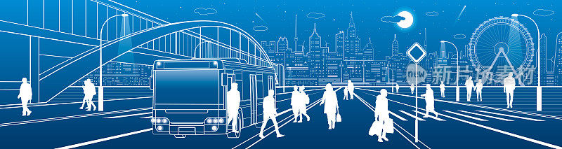 城市场景，人们走在街上，乘客离开公共汽车，夜晚的城市，照明公路，过渡拱桥的背景。轮廓矢量图