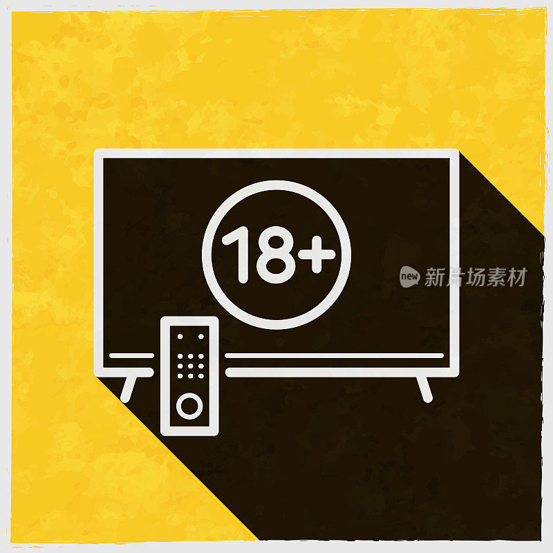带有18+符号的电视(18+)。图标与长阴影的纹理黄色背景