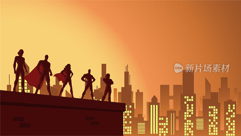 矢量超级英雄团队在城市股票插图的屋顶上