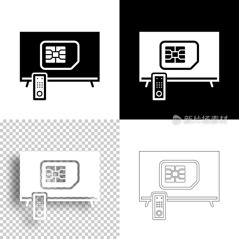 电视与SIM卡。图标设计。空白，白色和黑色背景-线图标