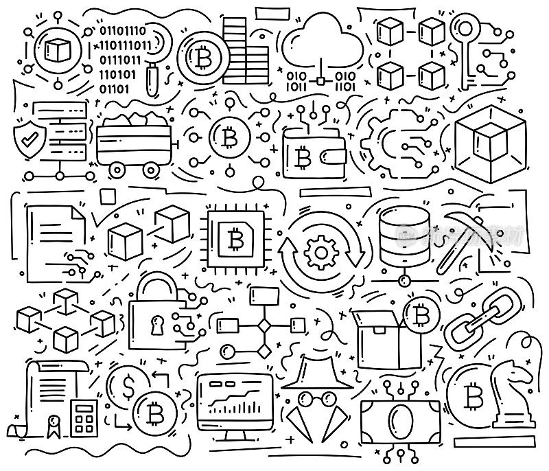 区块链相关对象和元素。手绘矢量涂鸦插图集合。手绘图案设计