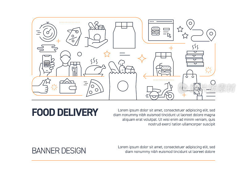 食品递送相关的矢量横幅设计概念，与图标的现代线条风格