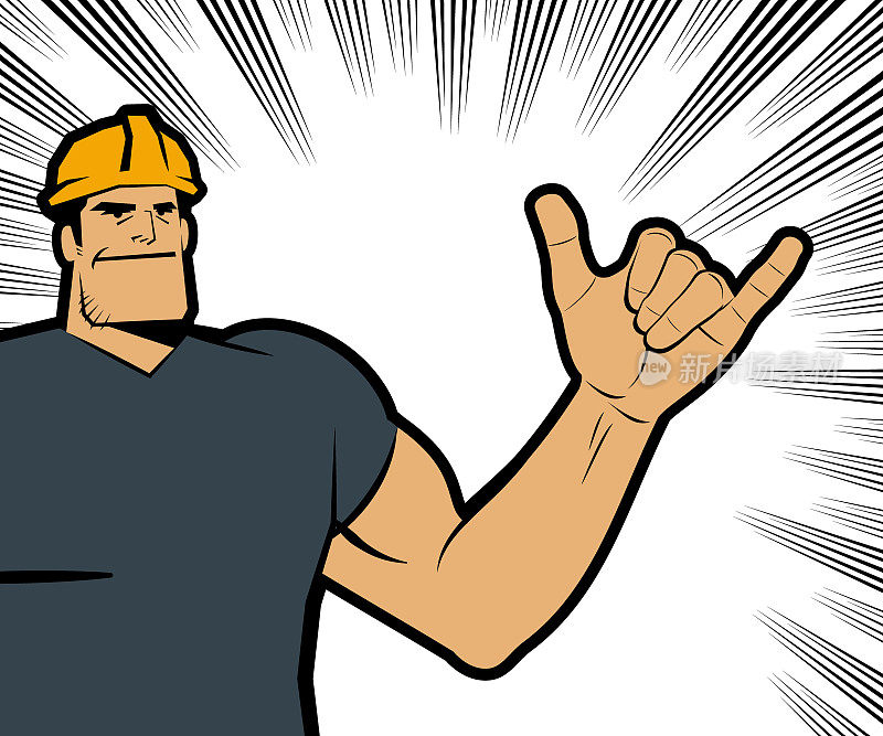 一个戴着安全帽的强壮工人微笑着用手势示意沙卡标志，背景是漫画效果的线条