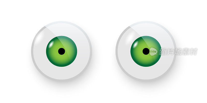 玩具眼睛矢量插图。摇晃的塑料打开绿色的娃娃的眼睛向前看圆形部分与黑色瞳孔孤立在白色背景