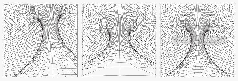 网格虫洞线框隧道。三维重力量子，矢量虫洞插图。奇点抽象黑洞漩涡概念三维插图。每股收益10