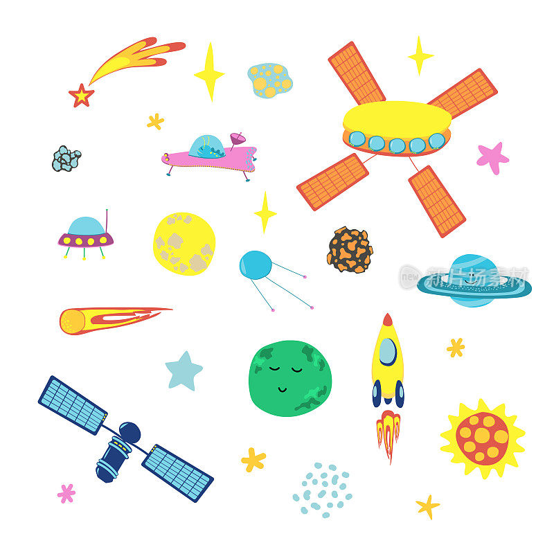 矢量插图与空间元素火箭，恒星，行星，彗星，不明飞行物，卫星在一个白色。