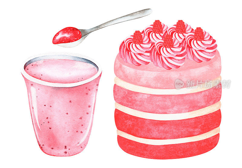 覆盆子蛋糕，奶昔和勺子。水彩插图。孤立在白色背景上。