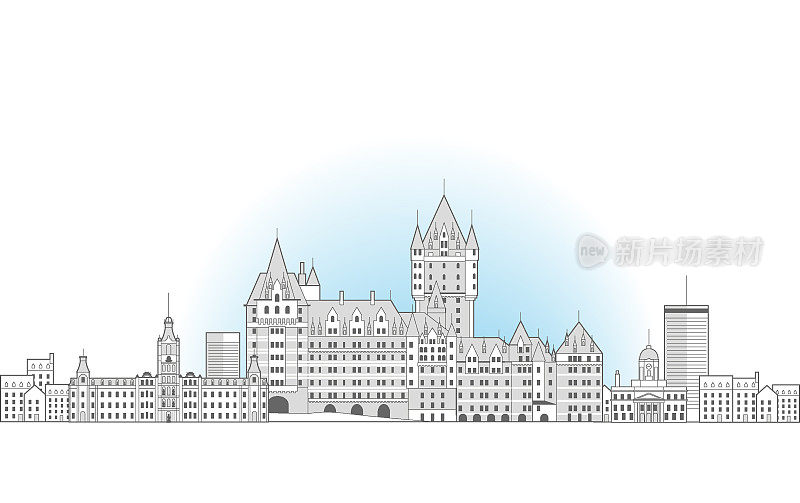 魁北克城市城市景观线艺术风格矢量插图