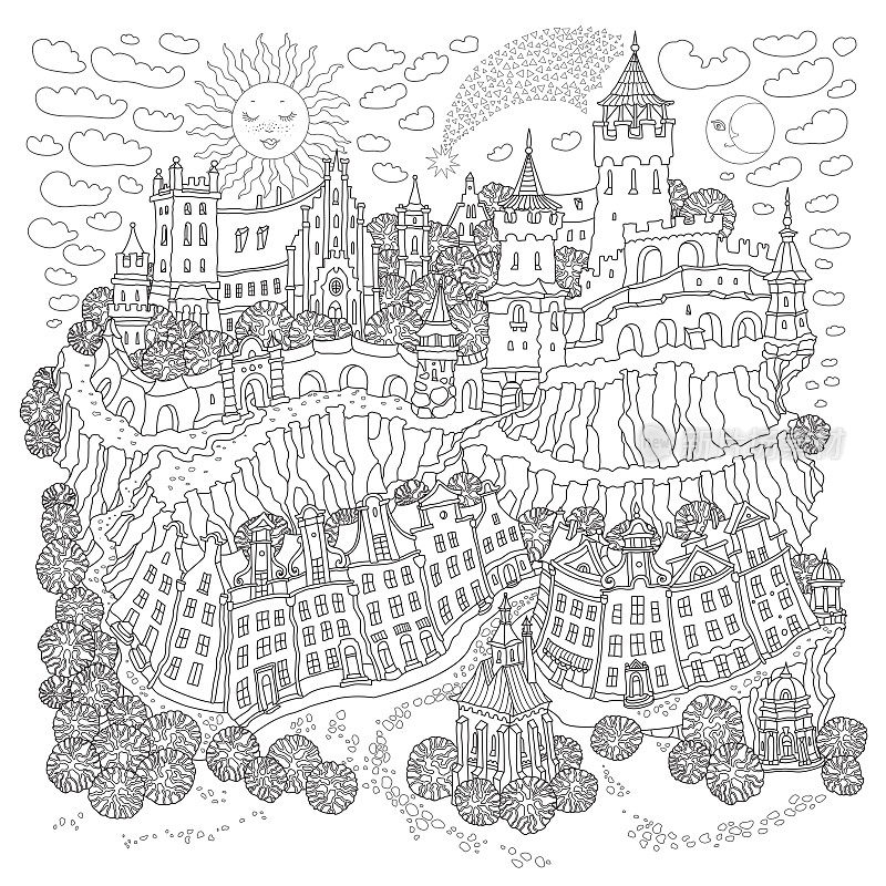 矢量轮廓的梦幻景观，童话小镇的街道，山上的中世纪城堡。黑白成人和儿童涂色书页面