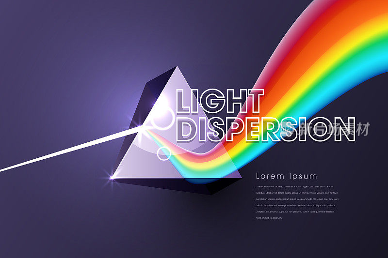 分散。彩色光谱的光。玻璃棱镜和光束实验。