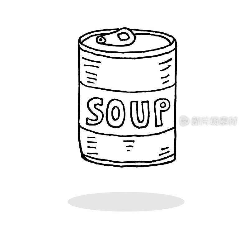 手绘罐头汤矢量插图。