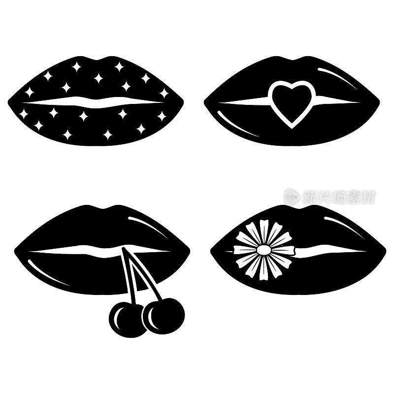 收集女人的嘴唇。模板图标,涂鸦。性感女人的嘴唇矢量插图。微笑,吻。