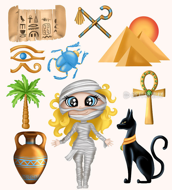 矢量图像，一个女孩打扮成木乃伊，万圣节服装，古埃及属性，万圣节图片