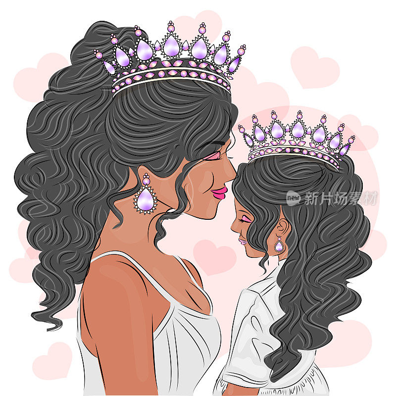 妈妈和女儿在迷人的皇冠上相爱，妈妈和女儿穿着美丽的衣服，头上戴着皇冠，把妈妈和女儿描绘成女王和公主的现实插图，矢量插图。