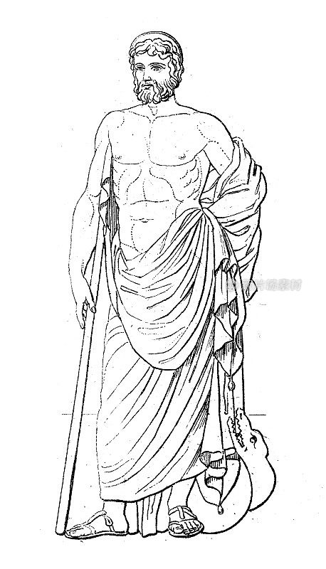 古董雕刻插画，文明:希腊和罗马神与神话，阿斯克勒庇俄斯