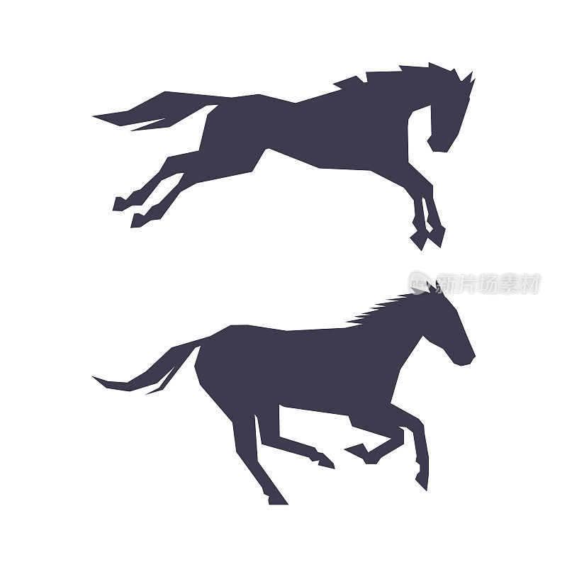 马或马黑色剪影驯养，奇数脚趾，蹄哺乳动物向量集