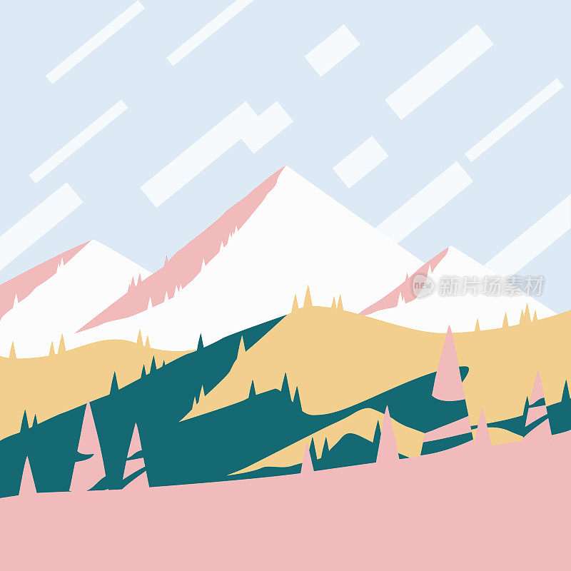 春天在山，粉红色的小山和黄色的森林，平面设计广场海报向量艺术作品。