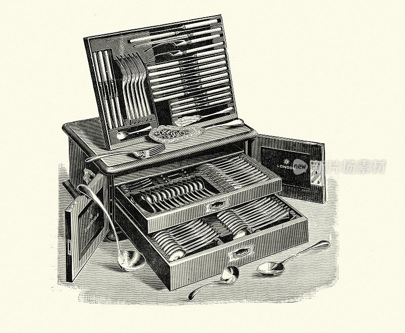 维多利亚时代的银器餐具套装和盒子，1890年代，19世纪