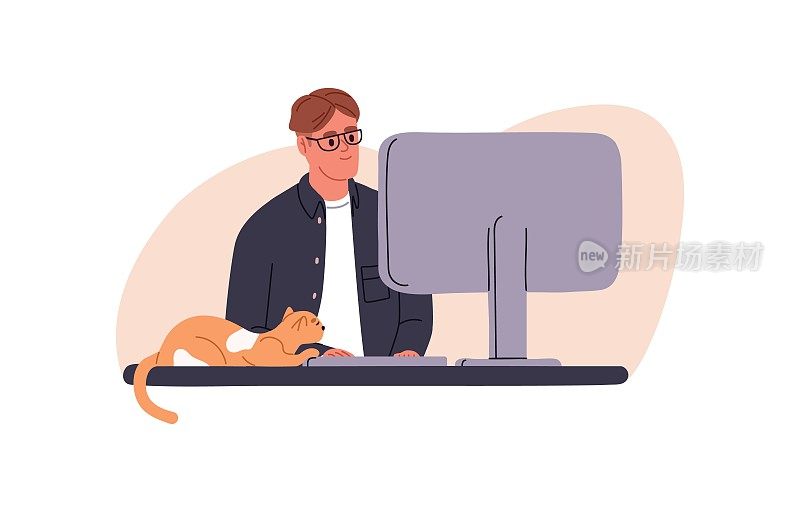 人在电脑前，猫躺在桌子上。男人自由职业者和可爱的小猫在家庭办公室。宠物主人和猫科动物的远程工作。平面图形矢量插图孤立在白色背景
