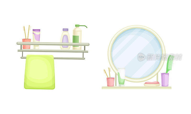 浴室架子和镜子与早上的卫生和洗漱用品向量集
