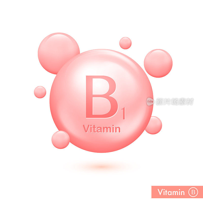 维生素B1药丸胶囊图标。维生素复合泡沫保健广告。闪亮的粉红色物质下降。矢量图