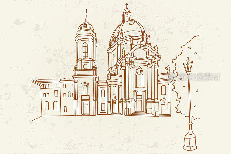 乌克兰利沃夫的多米尼加教堂和修道院的矢量草图。