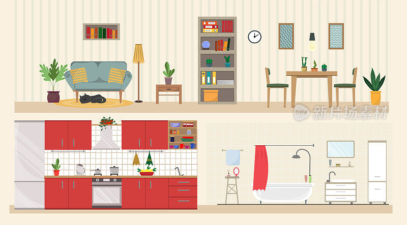 家庭内部厨房，餐厅，客厅，浴室，家庭室内设计，家庭舒适的房子，平面矢量插图