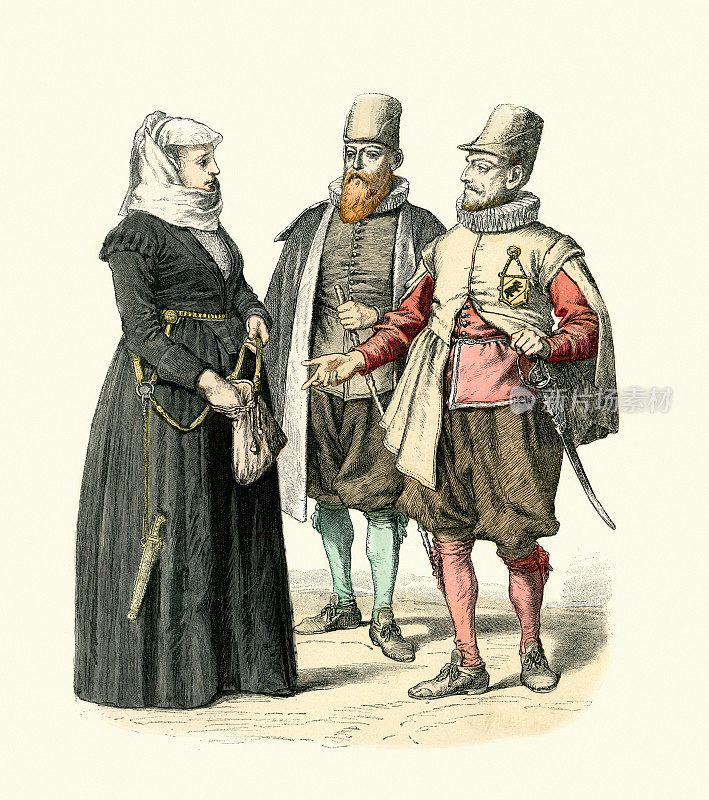 瑞士的传统服装，17世纪的时尚，穿着教堂服装的瑞士女人，男人