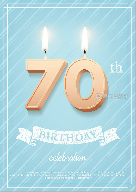 燃烧70号生日蜡烛与复古丝带和生日庆祝文本的纹理蓝色背景明信片格式。矢垂直七十寿辰请柬模板。