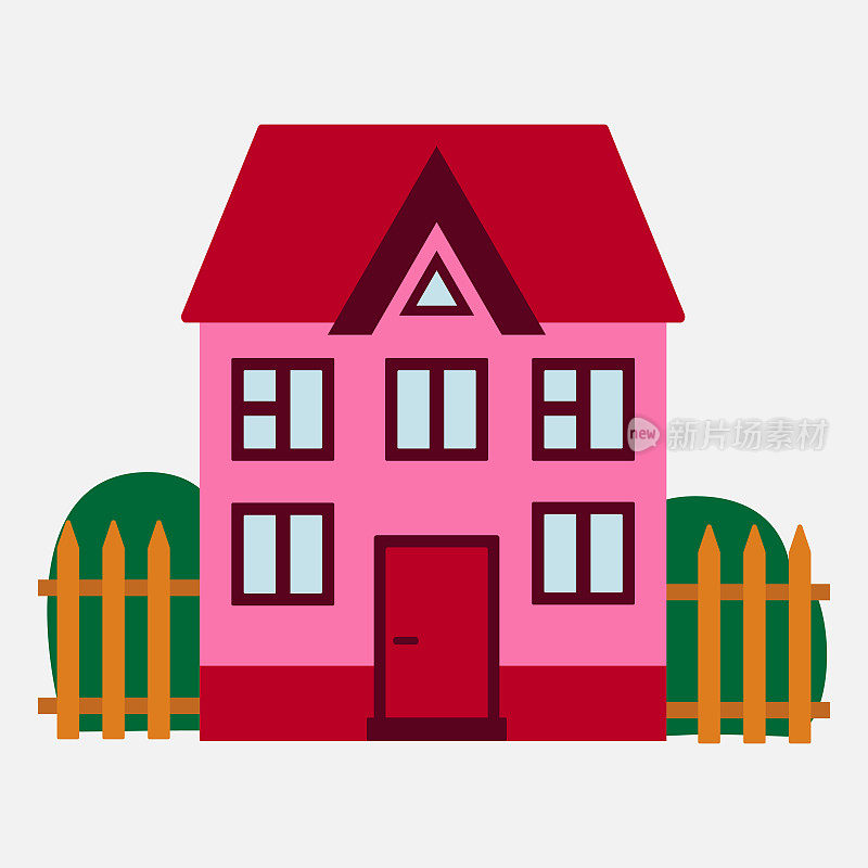 矢量插图。两层楼的粉红色的房子。设计。平的风格