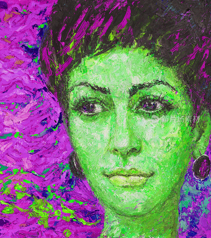 插图艺术油画肖像的一个年轻女子与深色头发的背景在紫色的傍晚色调