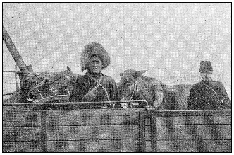 古画:火车车厢上的哥萨克士兵和驴子