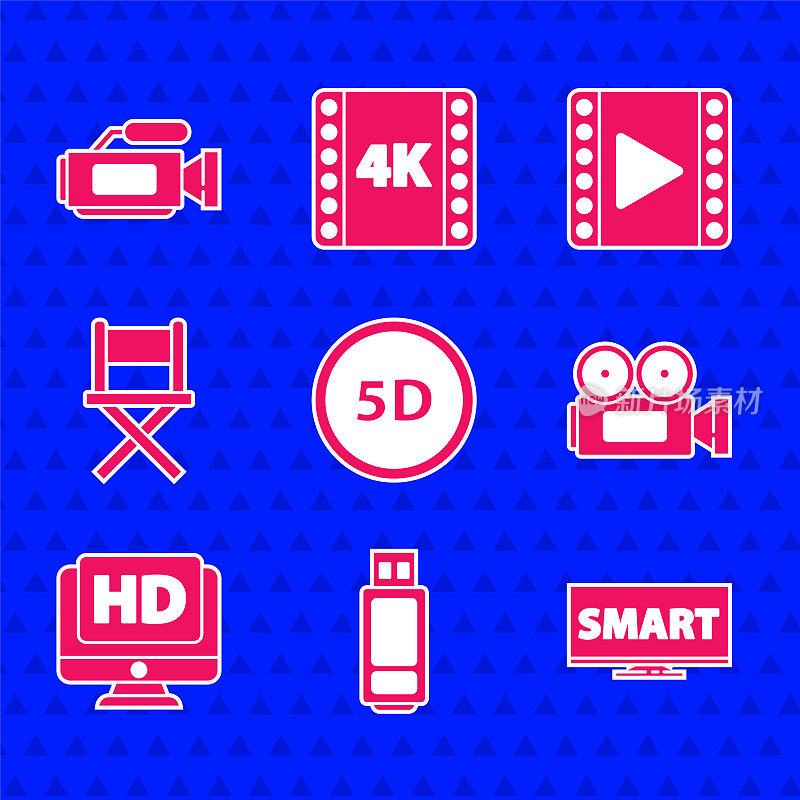 集5d虚拟现实，u盘，智能视频屏幕电视，影院摄像机，高清显示器，导演电影椅，播放视频和图标。向量