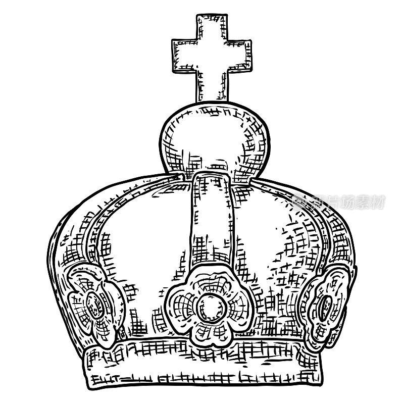 国王和王后的王冠头饰。皇家贵族皇室珠宝王冠。君主珠宝皇室豪华加冕宝象征。手绘矢量。