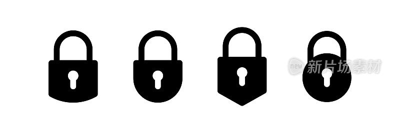 锁定矢量图标集。锁定和解锁符号。不同变化的安全防护标志